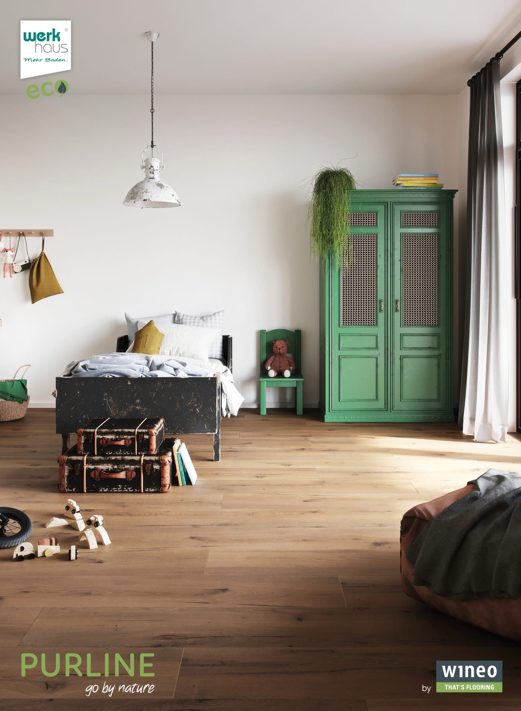 Purline Bioboden im Wohnraum — heller Dielenton im Kinderzimmer neben dem grünen Schrank